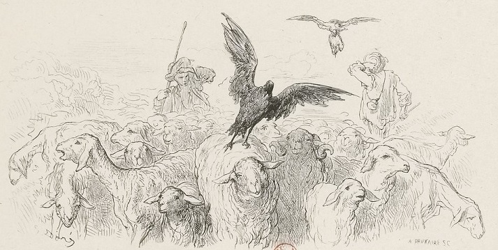 Le Corbeau voulant imiter l'Aigle - Jean de la Fontaine - Illustration  G. Doré / A. Prunaire